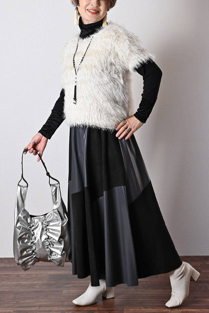 ショートスリーブシャギーニット+エコレザースカート２点セットコーデ