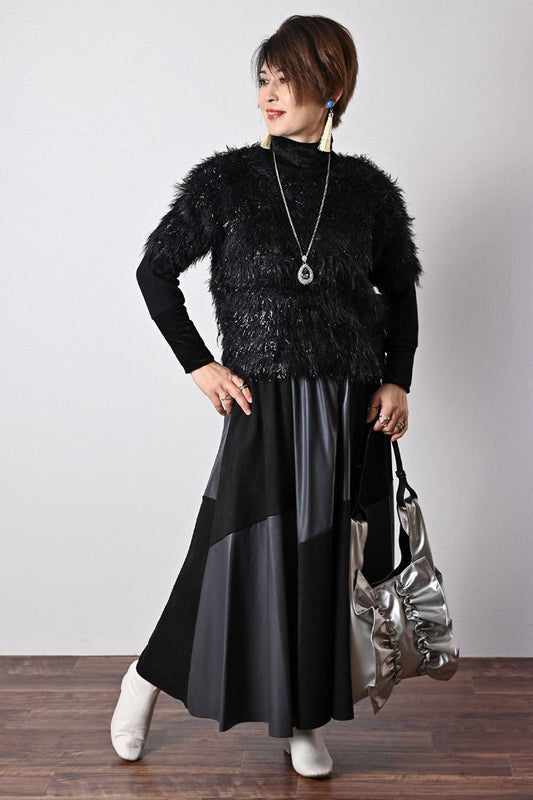 ショートスリーブシャギーニット+エコレザースカート２点セットコーデ