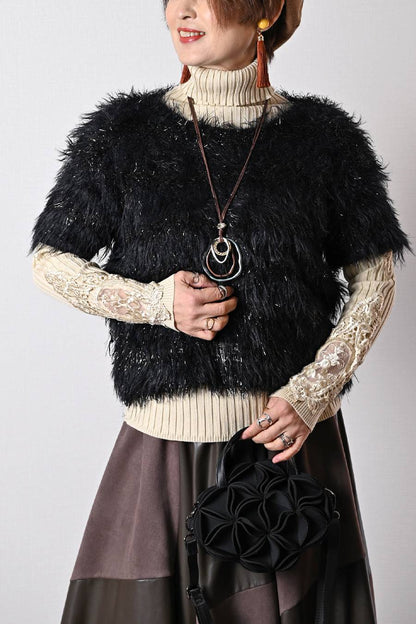 ショートスリーブシャギーニット+エコレザースカート２点セットコーデ