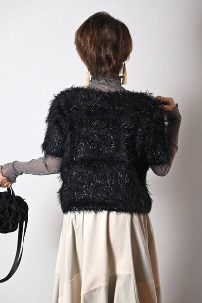 ショートスリーブシャギーニット+エコレザースカート２点セットコーデ