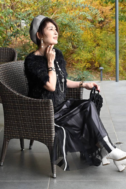 ショートスリーブシャギーニット+エコレザースカート２点セットコーデ