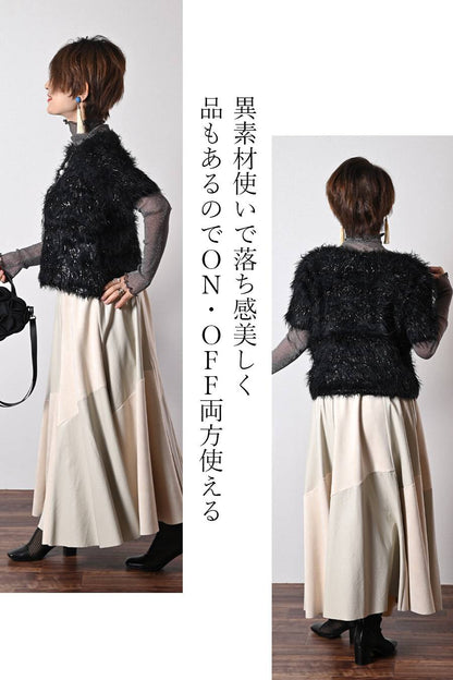 ショートスリーブシャギーニット+エコレザースカート２点セットコーデ