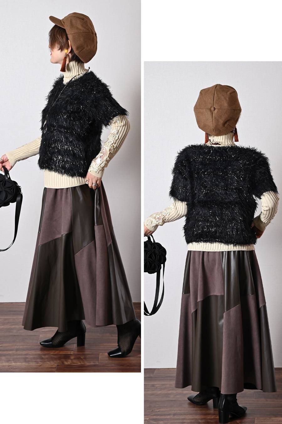 ショートスリーブシャギーニット+エコレザースカート２点セットコーデ