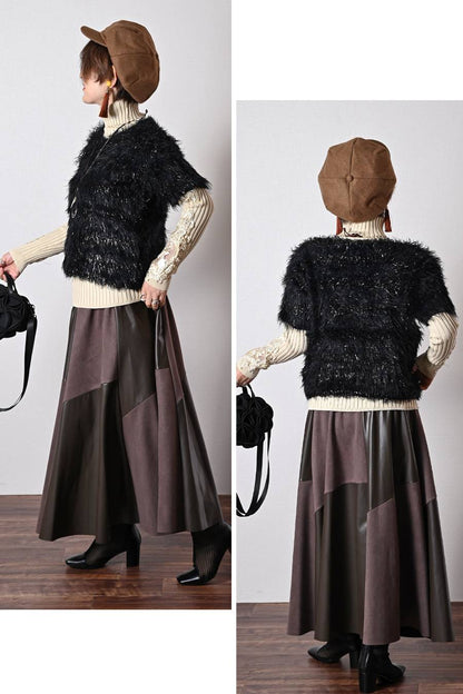 ショートスリーブシャギーニット+エコレザースカート２点セットコーデ