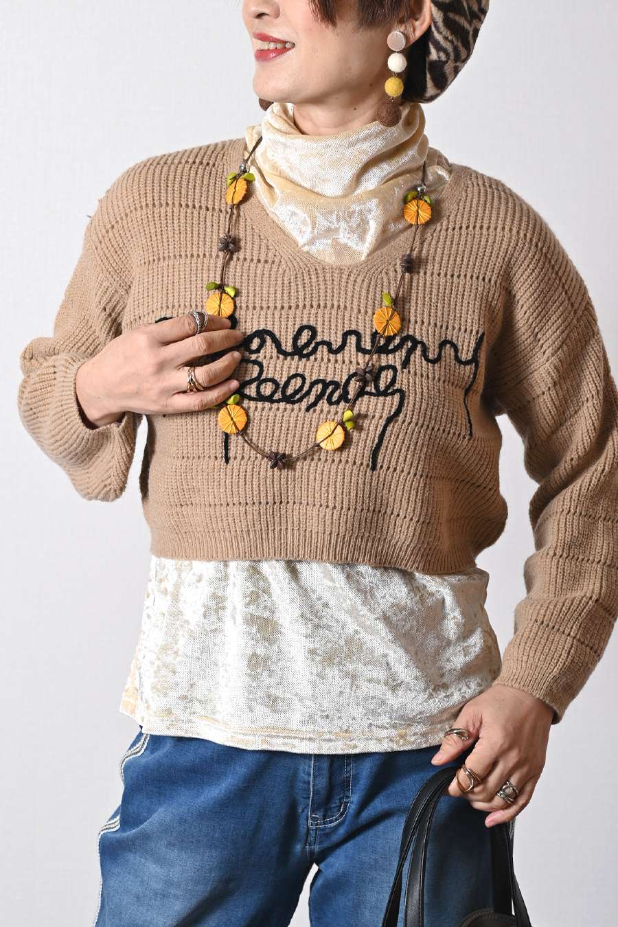 【Special Offer 40%OFF】クラッシュベロア風カットソー＋ベリーショート丈ニット２点セットコーデ