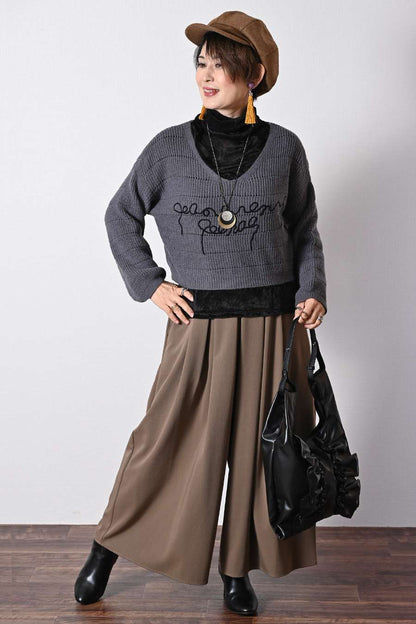 【Special Offer 40%OFF】クラッシュベロア風カットソー＋ベリーショート丈ニット２点セットコーデ