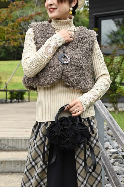 【Special Offer 45%OFF】美ゴージャスレースリブニットソー＋プードルファーショートベスト２点セットコーデ