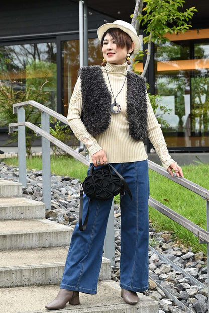 【Special Offer 45%OFF】美ゴージャスレースリブニットソー＋プードルファーショートベスト２点セットコーデ