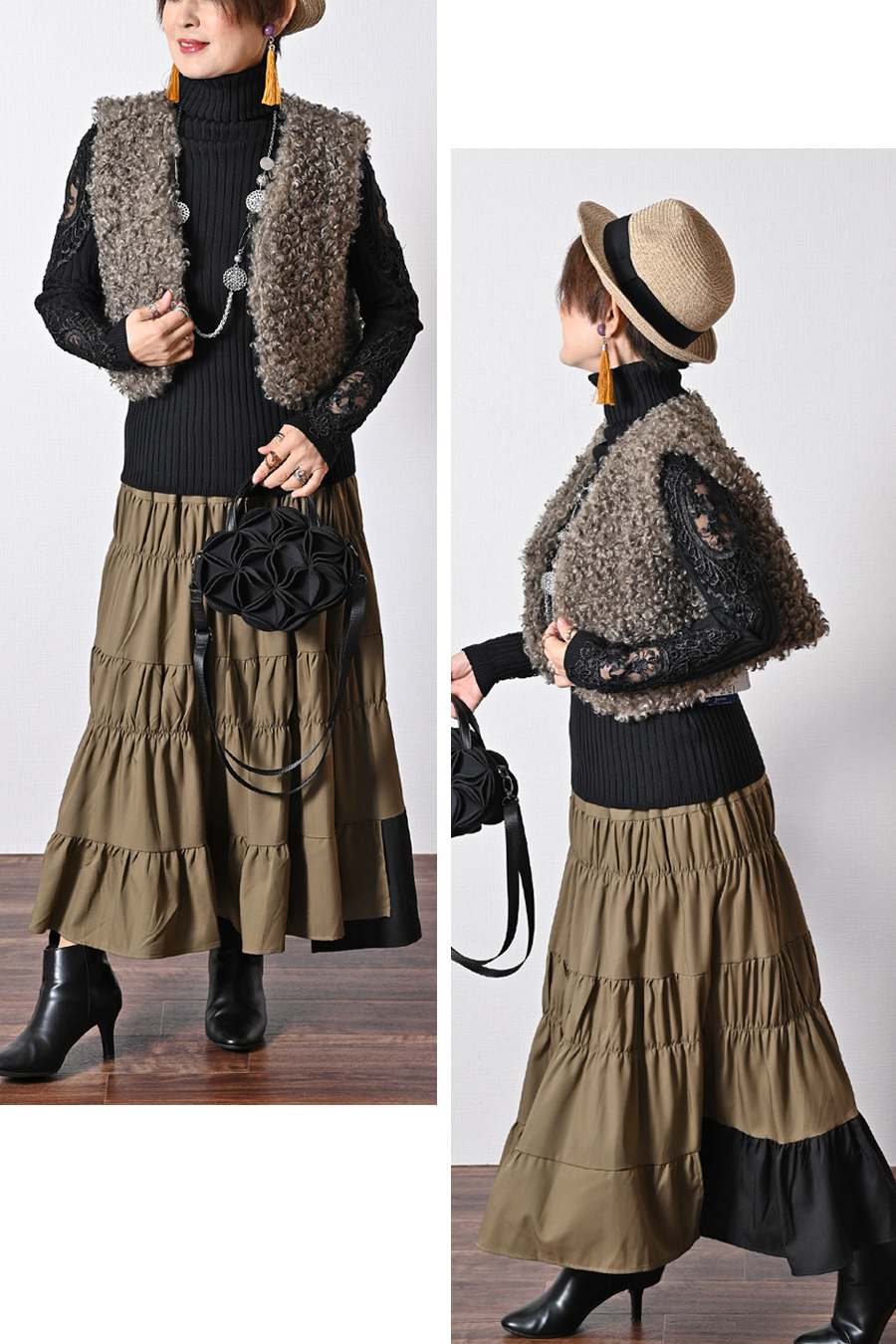 【Special Offer 45%OFF】美ゴージャスレースリブニットソー＋プードルファーショートベスト２点セットコーデ