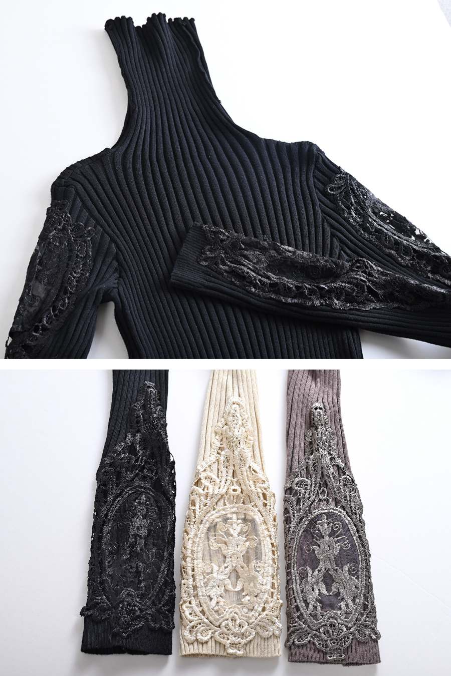【Special Offer 45%OFF】美ゴージャスレースリブニットソー＋プードルファーショートベスト２点セットコーデ