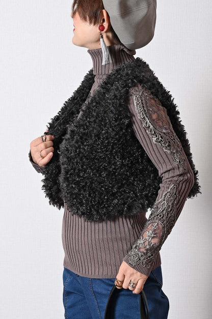 【Special Offer 45%OFF】美ゴージャスレースリブニットソー＋プードルファーショートベスト２点セットコーデ