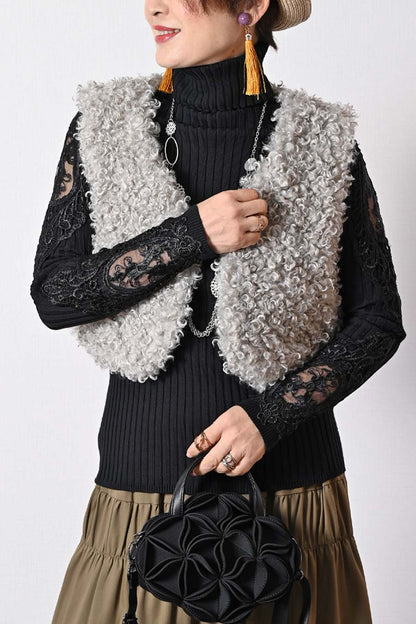 【Special Offer 45%OFF】美ゴージャスレースリブニットソー＋プードルファーショートベスト２点セットコーデ