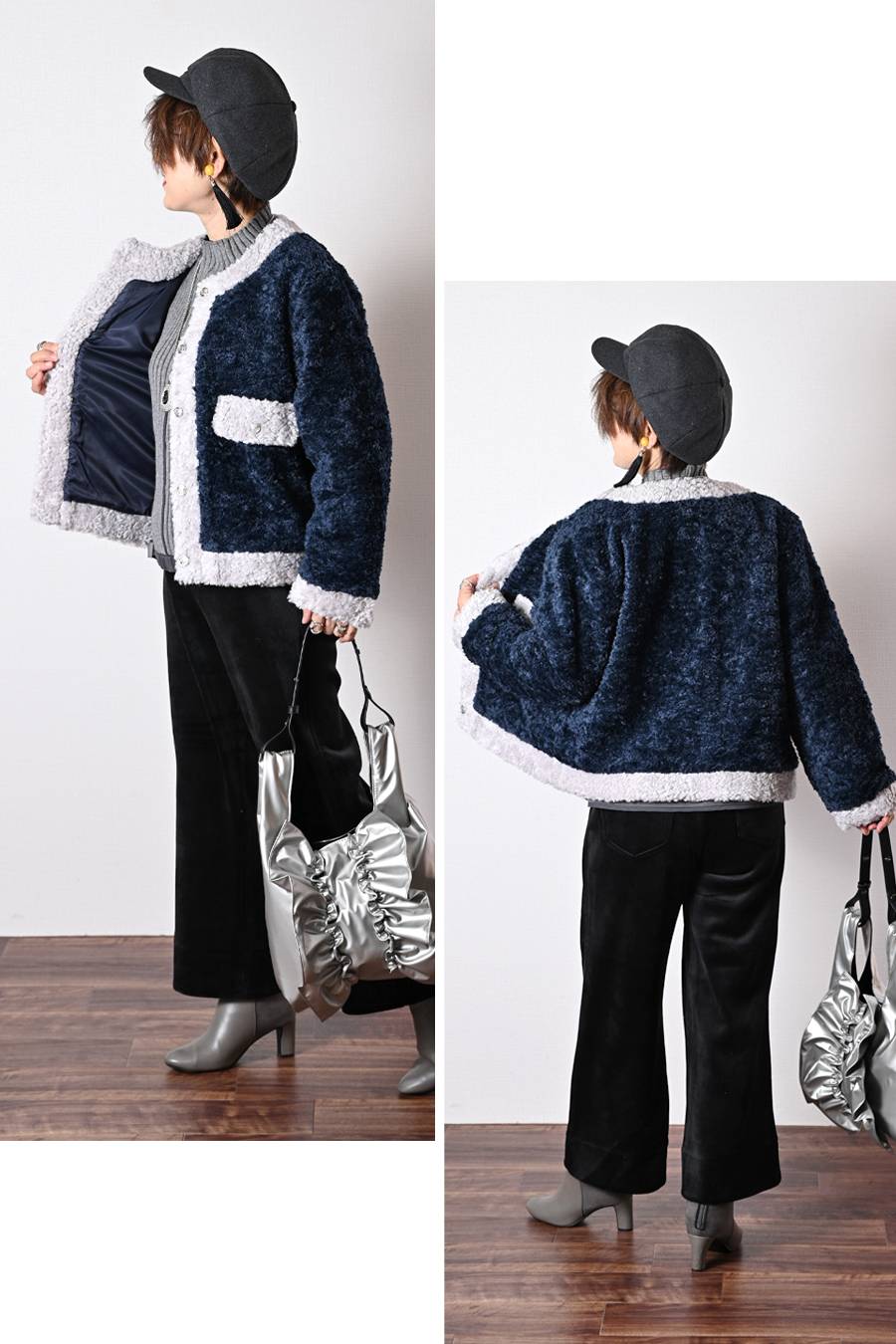 リュクスな雰囲気！バイカラーボアソフトジャケット