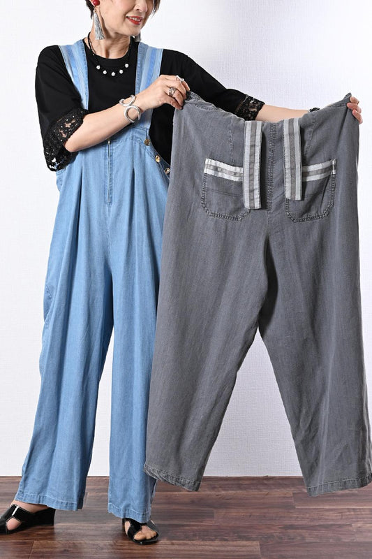 高身長さんにお勧め！ストライプグログラン ワイドサロペット