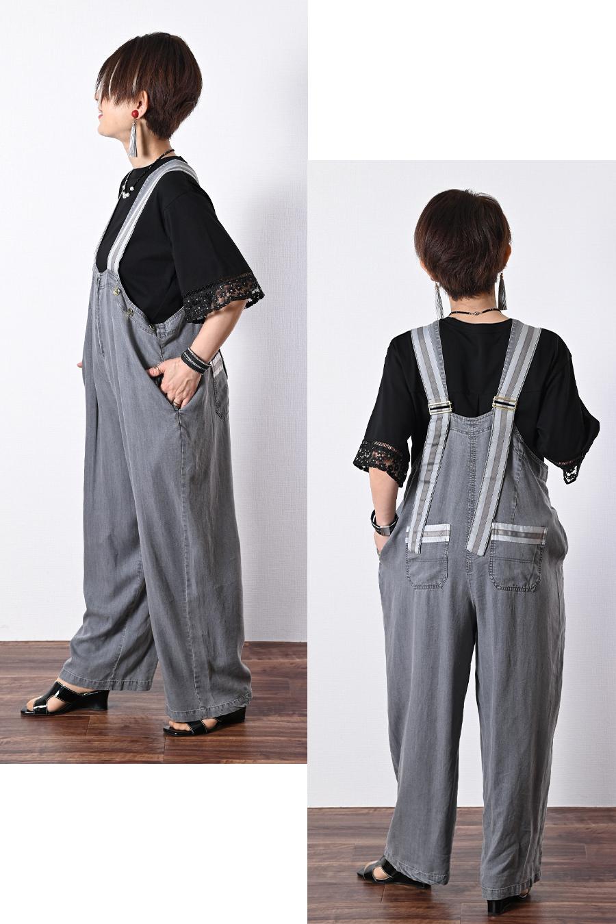 高身長さんにお勧め！ストライプグログラン ワイドサロペット