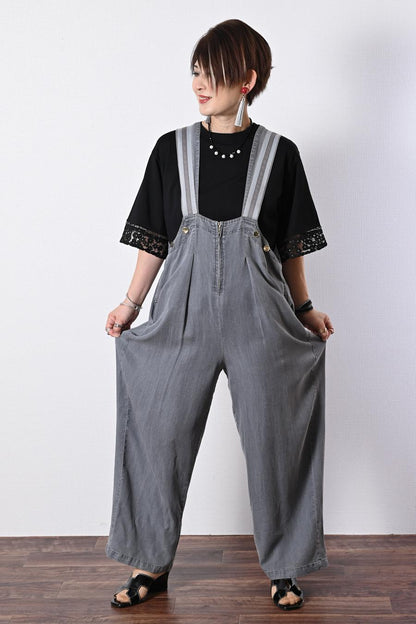 高身長さんにお勧め！ストライプグログラン ワイドサロペット