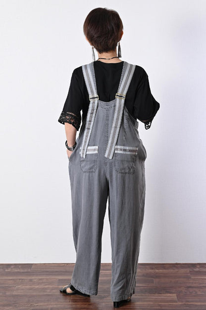 高身長さんにお勧め！ストライプグログラン ワイドサロペット