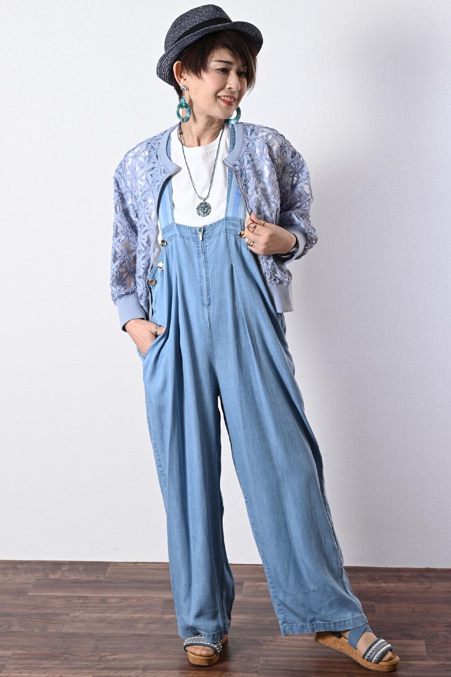 高身長さんにお勧め！ストライプグログラン ワイドサロペット