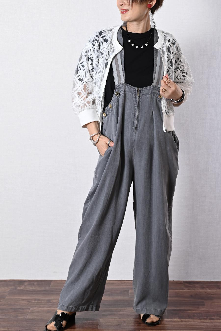 高身長さんにお勧め！ストライプグログラン ワイドサロペット