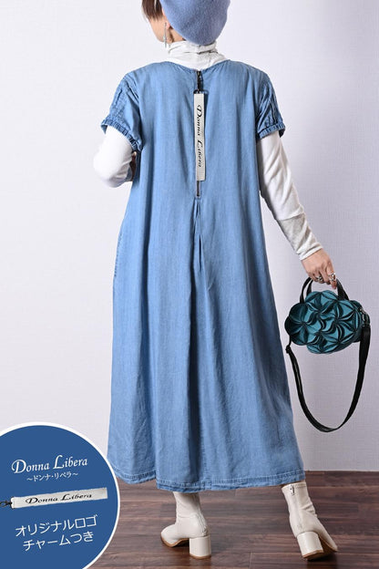 オリジナルチャーム付き！セルロースデニム セミフレアゆったりワンピース【予約販売！発送は3月上旬】