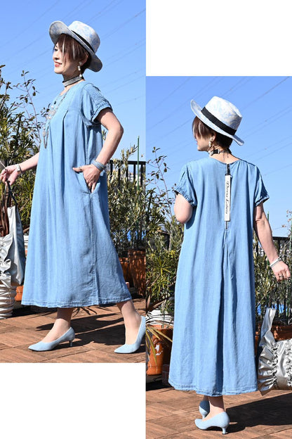 オリジナルチャーム付き！セルロースデニム セミフレアゆったりワンピース【予約販売！発送は3月上旬】