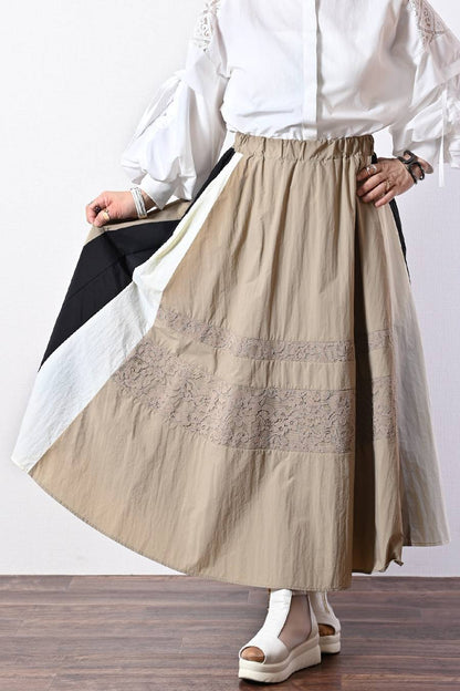 薄軽！トリコロール＆レース切り替えフレアスカート