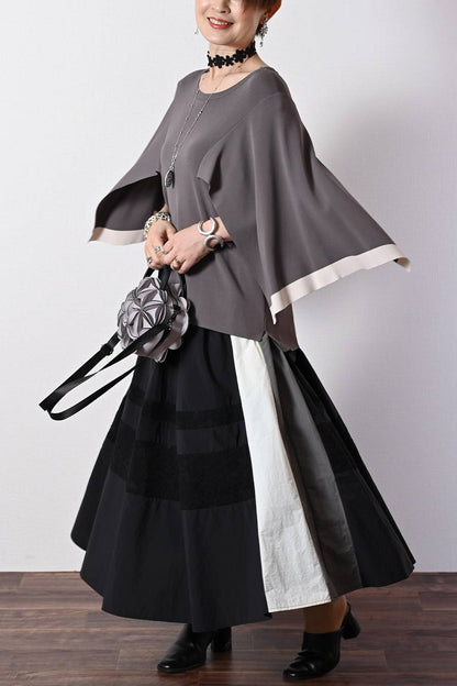 薄軽！トリコロール＆レース切り替えフレアスカート