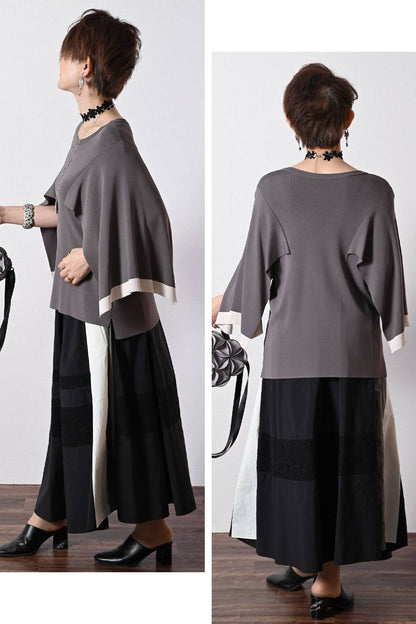 薄軽！トリコロール＆レース切り替えフレアスカート