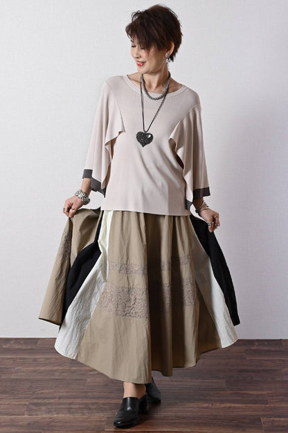 薄軽！トリコロール＆レース切り替えフレアスカート