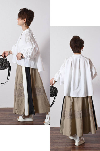 薄軽！トリコロール＆レース切り替えフレアスカート