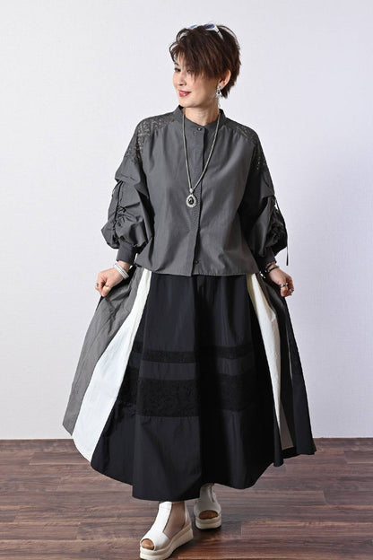 薄軽！トリコロール＆レース切り替えフレアスカート