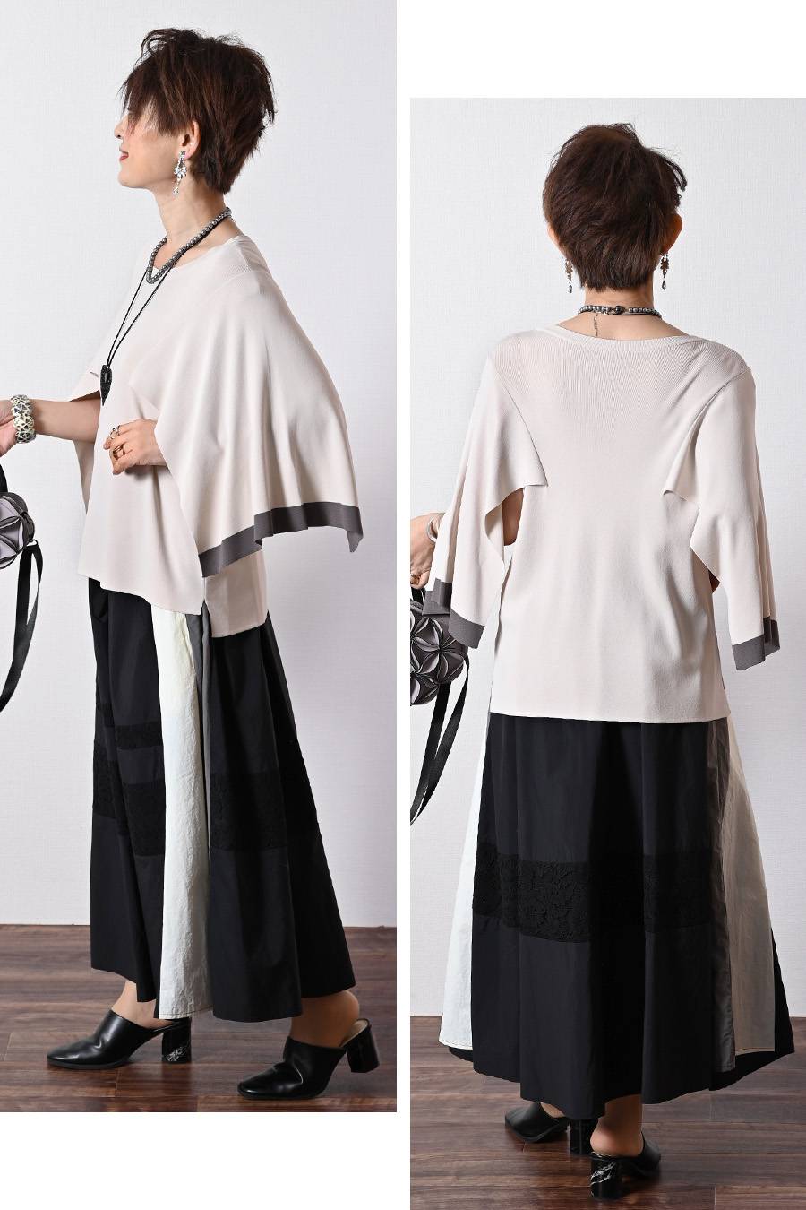 薄軽！トリコロール＆レース切り替えフレアスカート