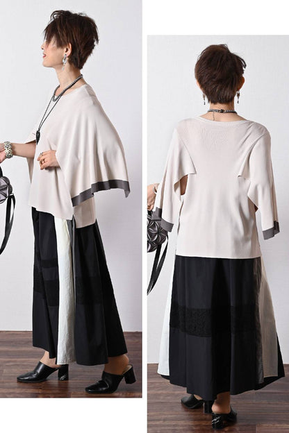 薄軽！トリコロール＆レース切り替えフレアスカート