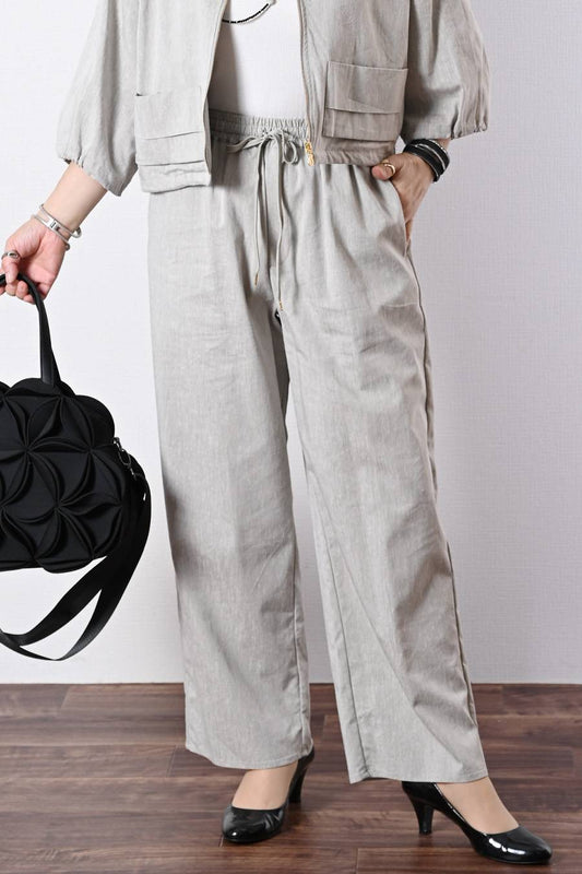 麻混ストレッチ ウエストゴム イージーワイドパンツ