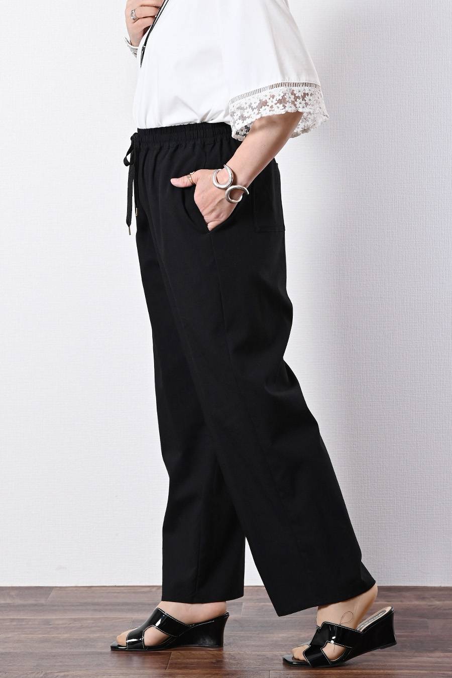 麻混ストレッチ ウエストゴム イージーワイドパンツ