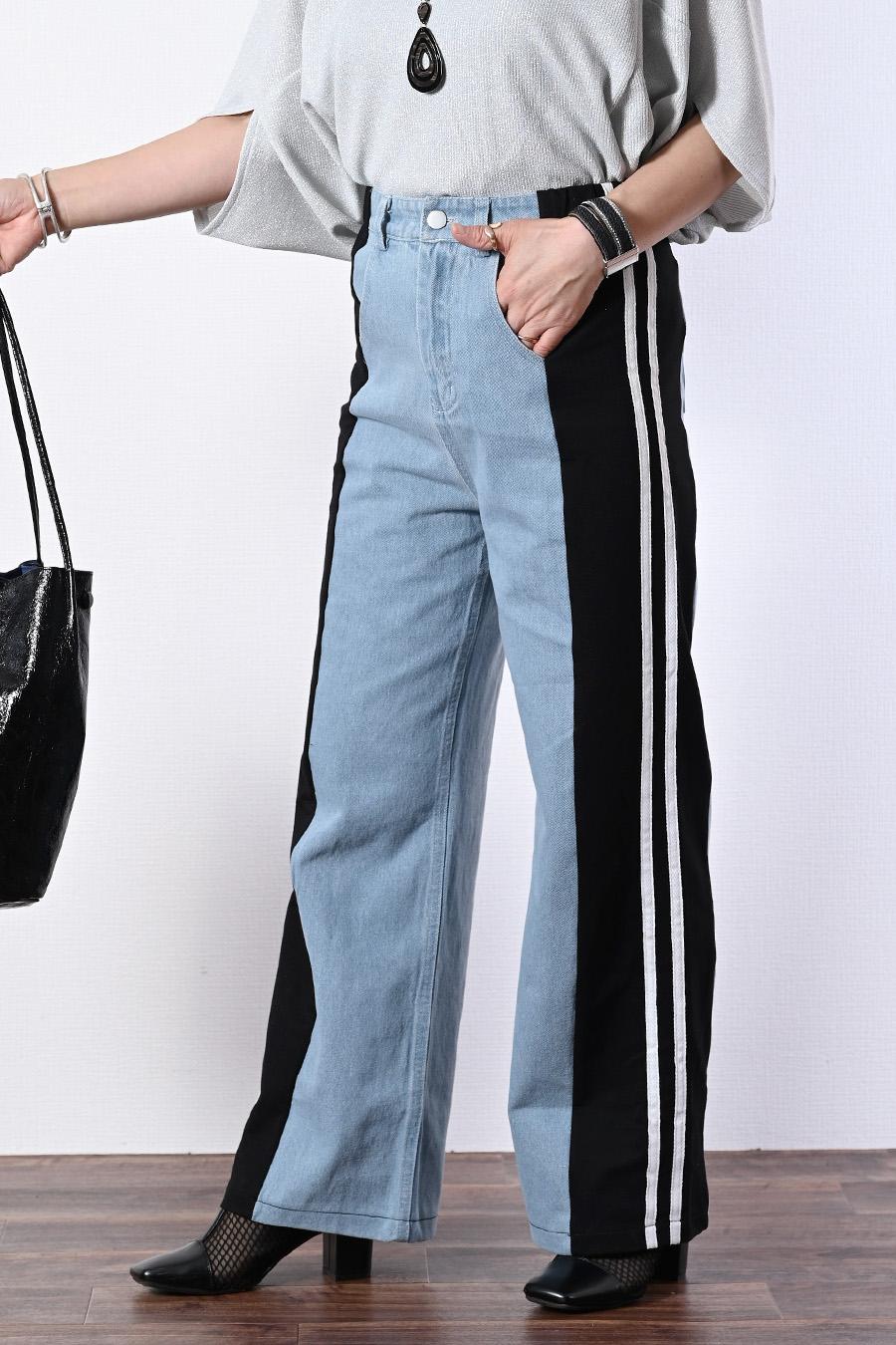 脚長効果抜群！深履きデニム＆カットソー切り替えパンツ