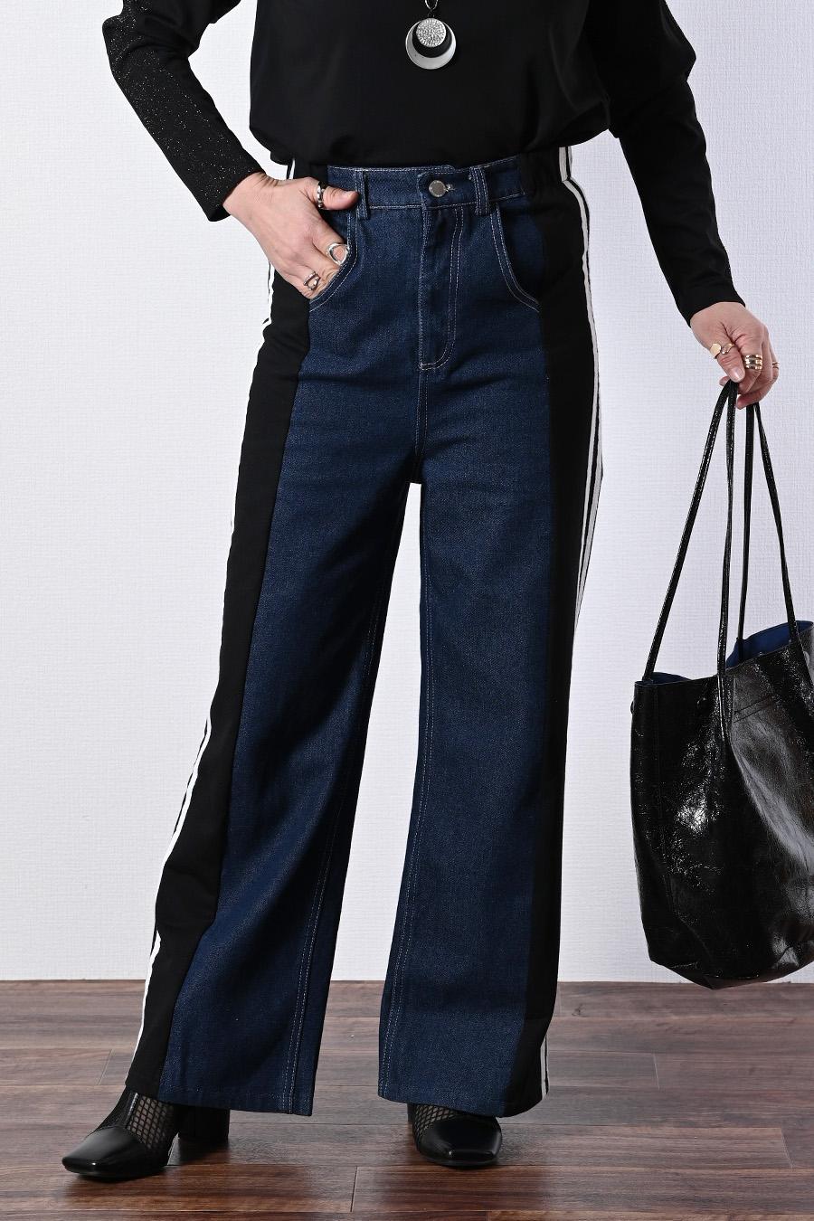 脚長効果抜群！深履きデニム＆カットソー切り替えパンツ