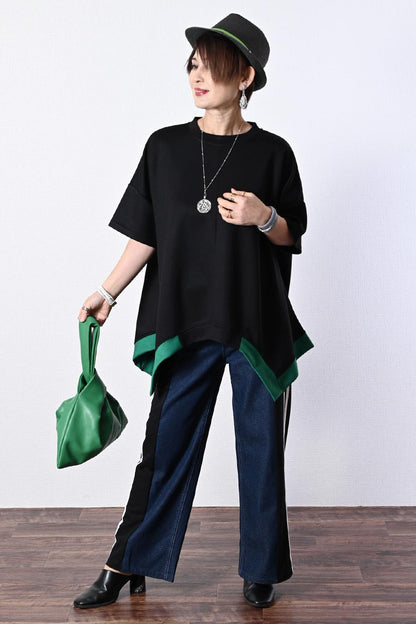 脚長効果抜群！深履きデニム＆カットソー切り替えパンツ