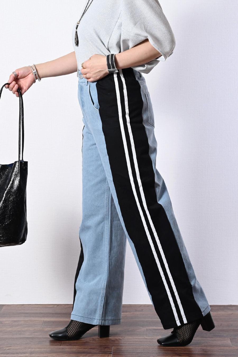 脚長効果抜群！深履きデニム＆カットソー切り替えパンツ