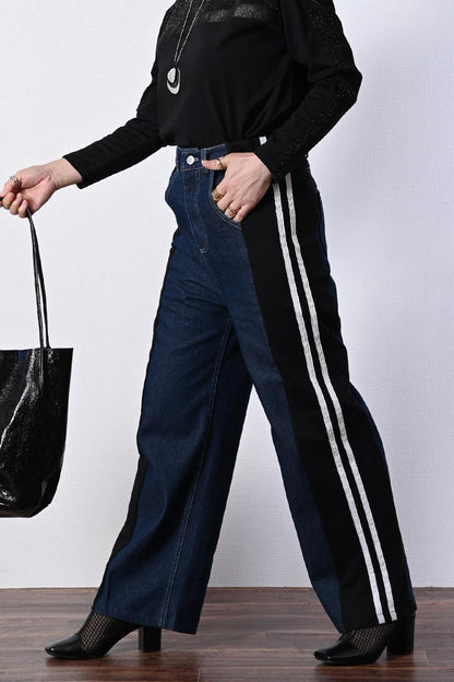 脚長効果抜群！深履きデニム＆カットソー切り替えパンツ