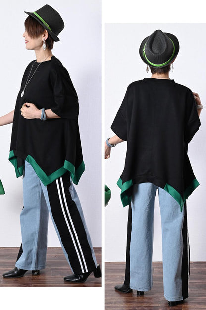 脚長効果抜群！深履きデニム＆カットソー切り替えパンツ