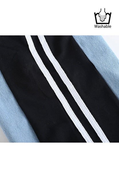 脚長効果抜群！深履きデニム＆カットソー切り替えパンツ