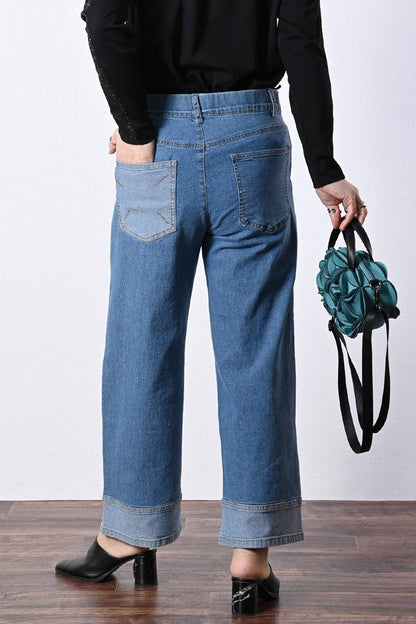 裾切り替えワイドデニムパンツ