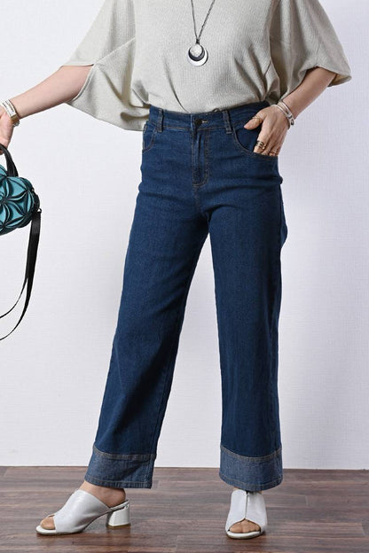 裾切り替えワイドデニムパンツ