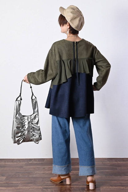 裾切り替えワイドデニムパンツ