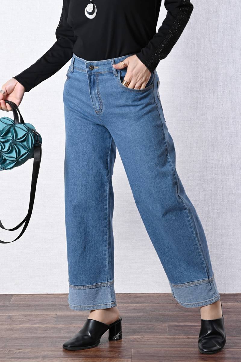 裾切り替えワイドデニムパンツ