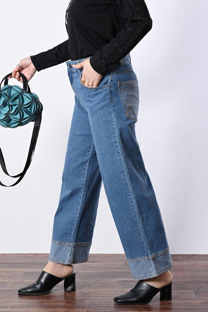 裾切り替えワイドデニムパンツ