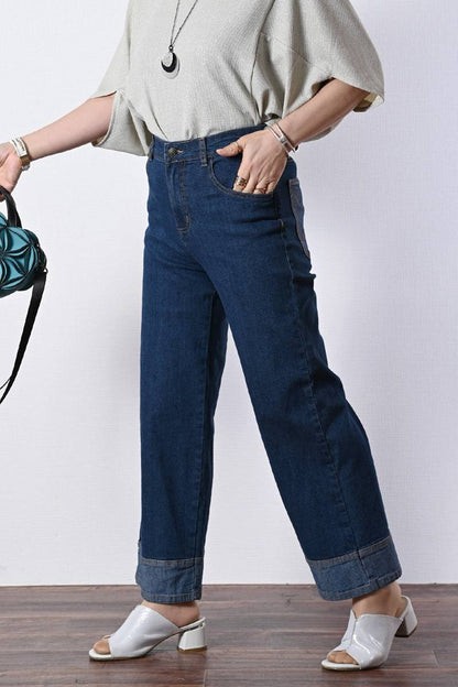 裾切り替えワイドデニムパンツ