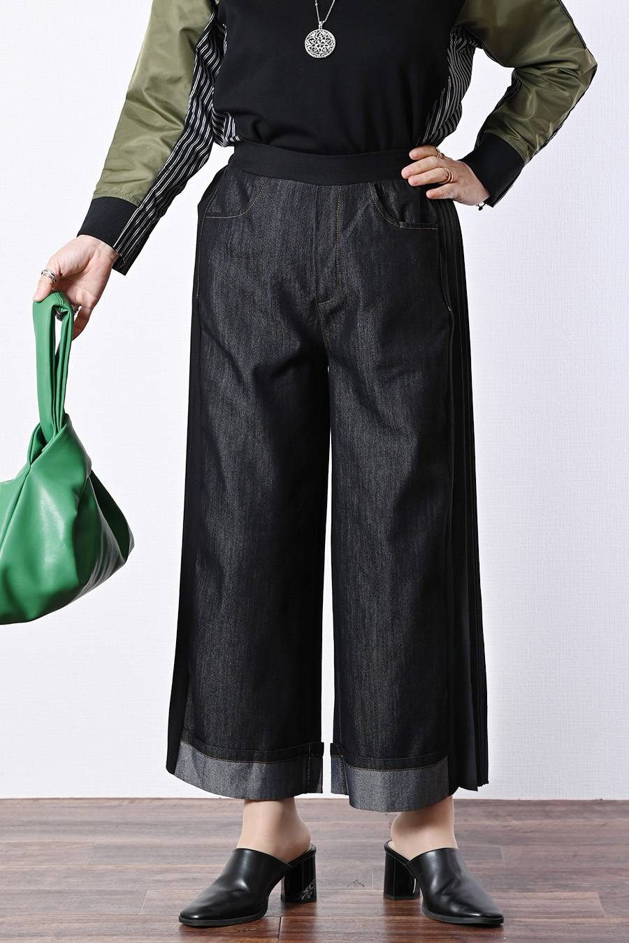 サイドプリーツデニムワイドパンツ【2月中旬以降発送予定】