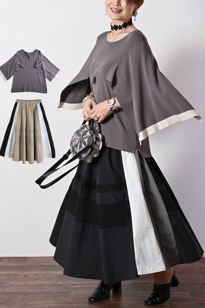 ケープスリーブ・ハイゲージニット+レース切り替えフレアスカート2点セットコーデ